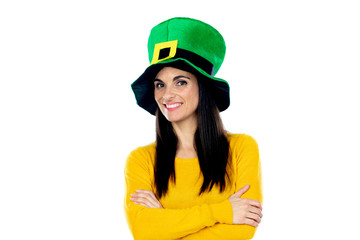 Brunette woman with Saint Patrick Day Hat
