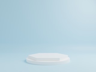 White geometric podium with blue background.