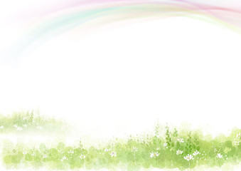 Fototapeta na wymiar Fairytale blank template paper background with rainbow, plants, flowers border