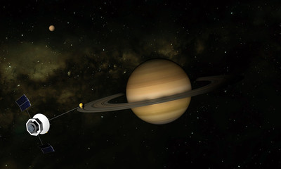 Fototapeta na wymiar Planet Saturn, rings and other moons. Satellite explore to the planet. 3d illustration.