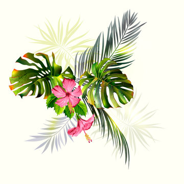 Tropical background with jungle plants. Vector exotic pattern with palm leaves.	