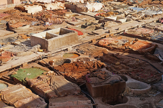 Historic african tannery, where leather from camels and other animals are made, Marrakech, Morocco