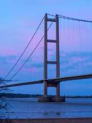 One of the main towers of the Humber Bridge just before sunset, North Lincolnshire, England