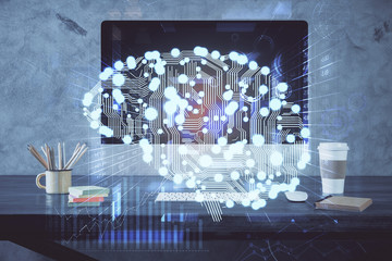 Double exposure of table with computer and brain hologram. Data innovation concept.