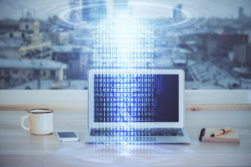 Technology theme drawing and table with computer. Double exposure. Concept of information.