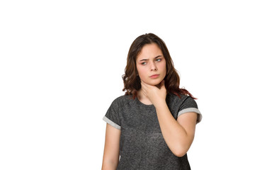 Young worried teen with a sore throat on a white background