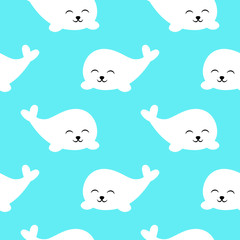Cute baby seal. Seamless pattern on a blue background. Drawing for children.