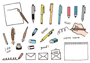 文房具（筆記具）の手描き風イラストのセット