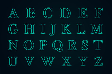 Glowing neon alphabet with letters from A to Z . Trend color 2020 year - aqua menth.