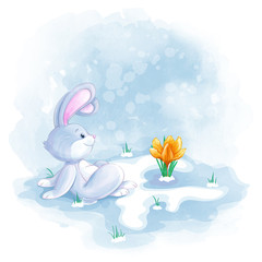 The little hare sits and looks at the blossomed spring flower. Vector cartoon watercolor character.