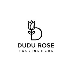 Beauty Rose with D sign logo vector logo design template, minimal line petal beauty salon