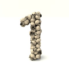 3D illustration of number 1 made out of skulls