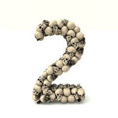 3D illustration of number 2 made out of skulls