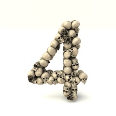 3D illustration of number 4  made out of skulls