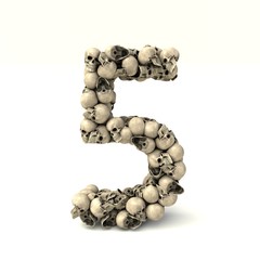 3D illustration of number 5 made out of skulls