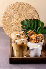 Two Glass of Tasty Cold Coffee on Wooden Tray Refreshing Cold Summer Drink
