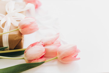 Pink tulips with ribbon on white background with gift box. Stylish tender image. Happy womens day. Greeting card with space for text. Happy Mothers day.