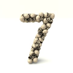 3D illustration of number 7 made out of skulls