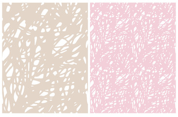 Set o 2 Abstract Geometric Grunge Patterns. Irregular Light Brown and Pink Hand Drawn Scribbles on White Background. Funny Simple Creative Design. Infantile Style Messy Sketched Layouts.