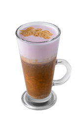 transparent glass with coffee espresso, frothed milk, pink syrup, whipped cream and topping isolated on a white background, template for summer drink menu of cafe and restaurant