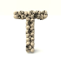 3D illustration of letter T made out of skulls