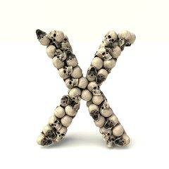 3D illustration of letter X made out of skulls
