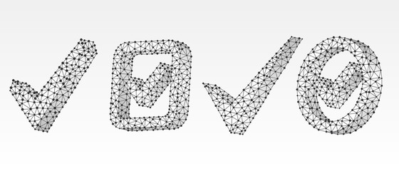 Set of Checkmark symbols, square and circle boxes. Success, business agreement, ok sign, approval concept. Low poly, wireframe 3d vector illustration. Abstract, polygonal image on white origami bg