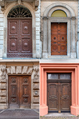four old wooden doors trimmed with metal decorations from different cities of Europe.