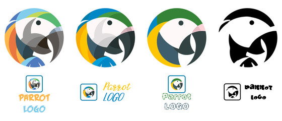 Parrot, macaw colorful vector set of logotypes, four logo illustrations of an exotic bird