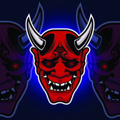 Oni mask illustration. Red demon japanese mask with background vector