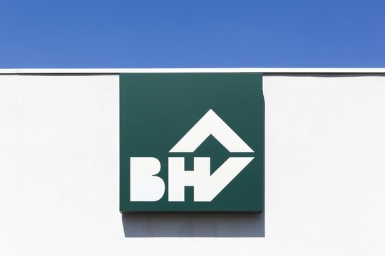 Limonest, France - July 19, 2018: BHV logo on a wall. BHV is a general department store belonging to the Galeries Lafayette group