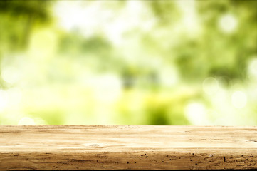 Desk of free space and spring blurred background 