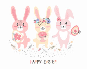 Obraz na płótnie Canvas Cute Bunnies with Easter cake and egg. Horizontal greeting card or banner in Scandinavian hand drawn style. Funny little cartoon rabbit. Happy Easter. Flat vector illustration. Holiday decoration.