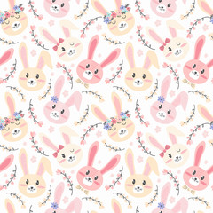 Seamless pattern cute Easter pink and yellow bunnies with flowers. Festive spring background in Scandinavian hand drawn style. Face close up cartoon character. Little cartoon rabbit. Happy Easter