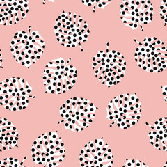 Abstract Monstera palm leaves seamless vector pattern. White leaf shapes with black dots repeating background on pink. Tropical foliage backdrop. Philodendron plant for fabric, beach wear, summer