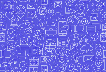 Seamless pattern with line design social media icons isolated on blue background - Vector stock illustration.