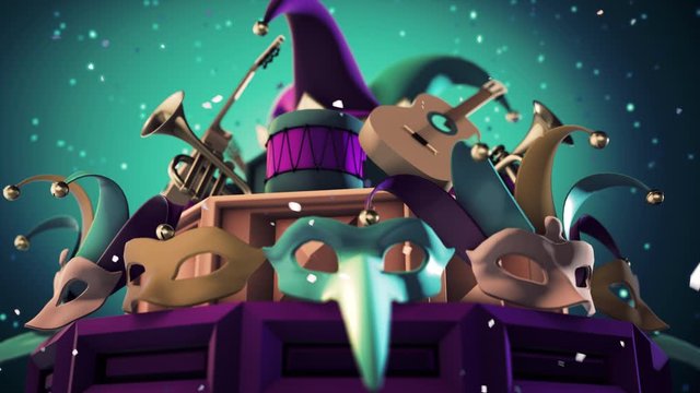 Looping Carnival Background With Masks Instruments And Confetti
