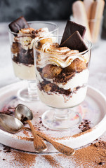 Homemade Italian dessert tiramisu with savoiardi and mascarpone,