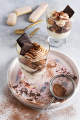 Homemade Italian dessert tiramisu with savoiardi and mascarpone,