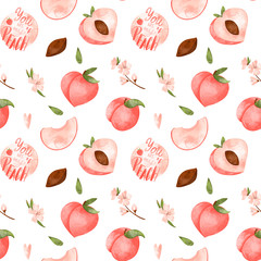 Digital art cute peach seamless pattern on a white background. Print for fabrics, packaging paper and packages, posters, cards, invitations, clothes, covers, web design.