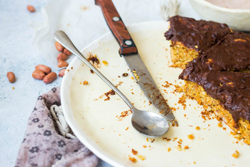 Pieces of cake crumb or chocolate pie leftover on dirty unclean plate. Vegan and healthy diet food.