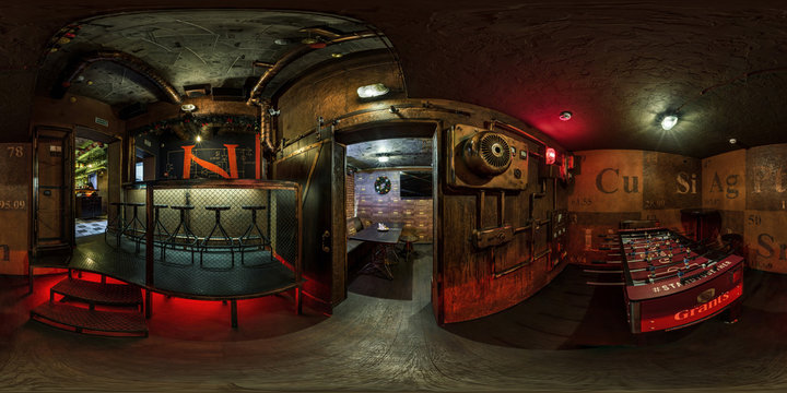 MINSK, BELARUS - MAY, 2018: full seamless hdri panorama 360 degrees angle view in interior of elite sports bar in steampunk style in equirectangular projection with zenith and nadir. VR AR content