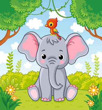 Little cute elephant sits in a clearing in the jungle with a parrot on his head.