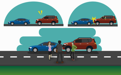 The time of a car crash on the road. The front car is like an emergency brake, causing the rear car to brake in the rear. The insurance officer enters the scene to take notes.