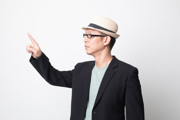 adult asian man   touching the screen with  finger.