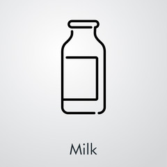 Icono plano lineal botella de leche en fondo gris