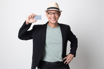 adult asian man smile with blank card.