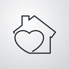 Símbolo agencia inmobiliaria. Icono plano lineal corazón con casa en fondo gris