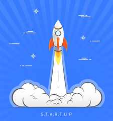 Obraz premium Business startup concept. Flat design rocket launch vector illustration.