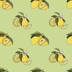 Citrons jaunes avec morceau sans couture doodle agrumes bio fruits d& 39 été vecteur eps motif sur fond vert.